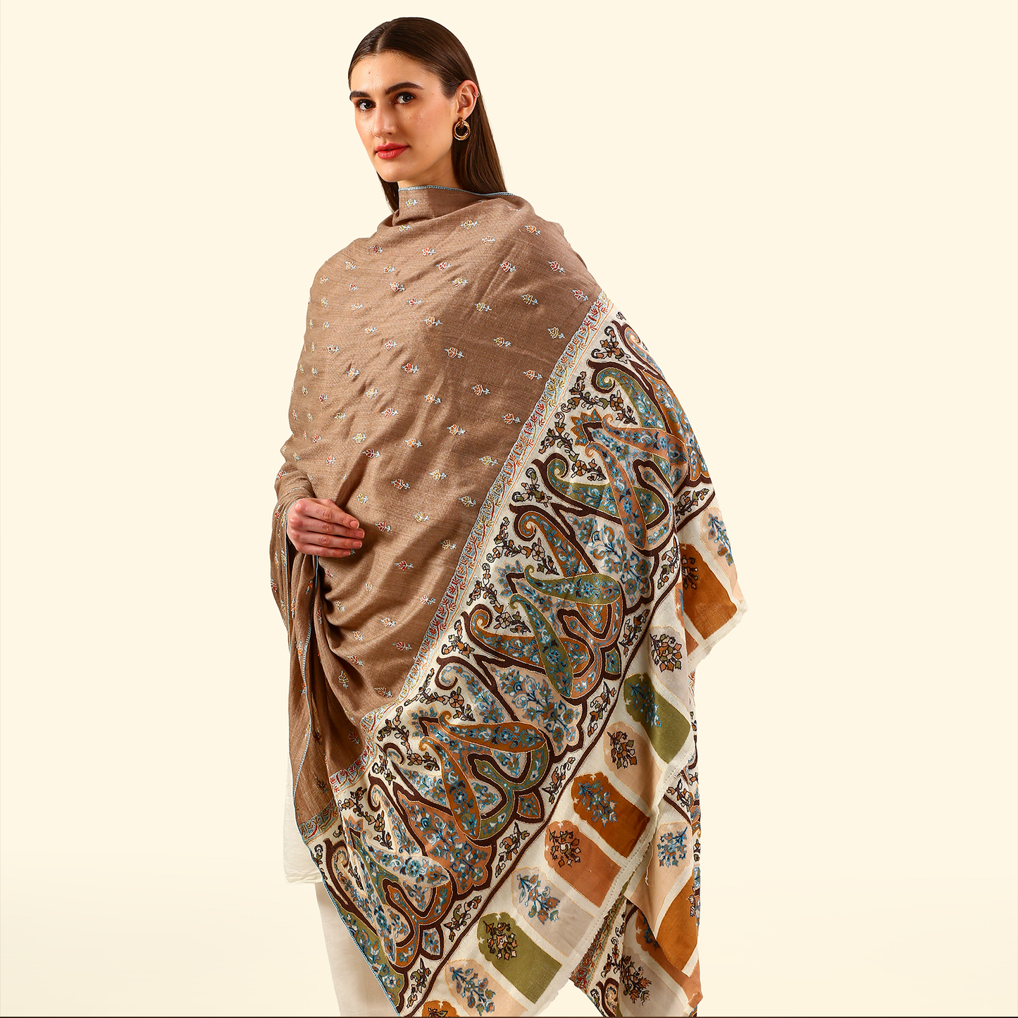 Cashmere Wool Sozni Embroidery Shawl - Ivory