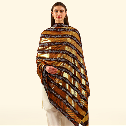 Pashmina Zari Stripes Shawl With Sozni Panel Embroidery - Gold