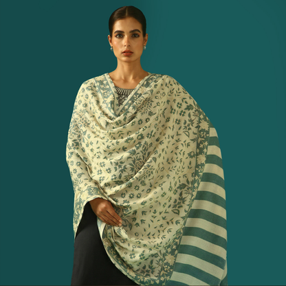 Cashmere Wool Kalamkari Intricate Embroidery Shawl - Sage