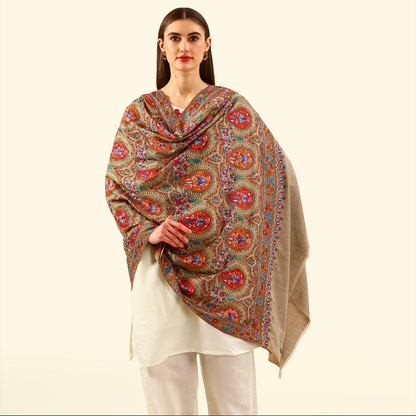 Pashmina Paper Mache Inspired Sozni Shawl - Sand