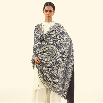 Cashmere Wool Sozni Embroidery Shawl - Charcoal Paisley