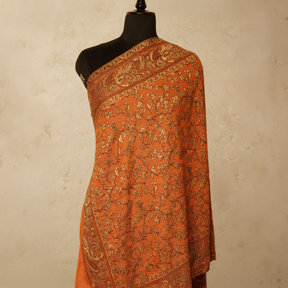 Cashmere Wool Woven Kani Stole - Rust Floral