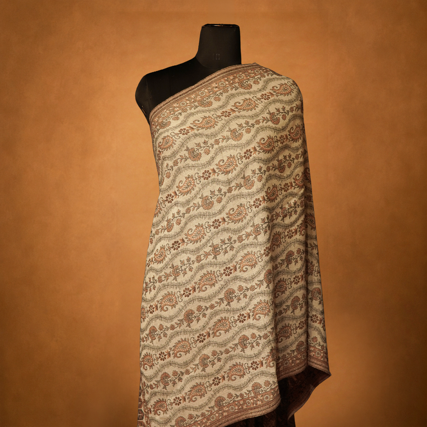 Cashmere Wool Woven Kani Stole - Ivory Wave