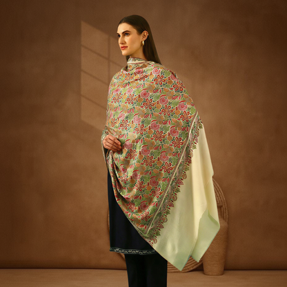 Handmade Pashmina Paper Mache Sozni Jama Shawl - Mughal Garden