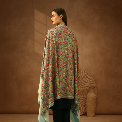 Handmade Pashmina Paper Mache Sozni Jama Shawl - Mughal Garden