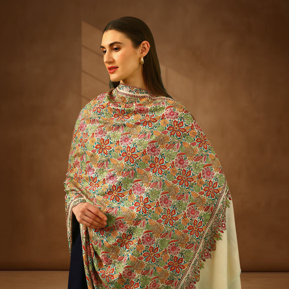 Handmade Pashmina Paper Mache Sozni Jama Shawl - Mughal Garden