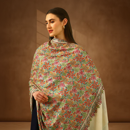 Handmade Pashmina Paper Mache Sozni Jama Shawl - Mughal Garden
