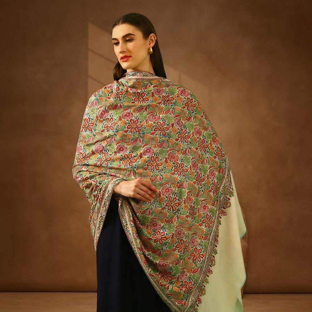 Handmade Pashmina Paper Mache Sozni Jama Shawl - Mughal Garden