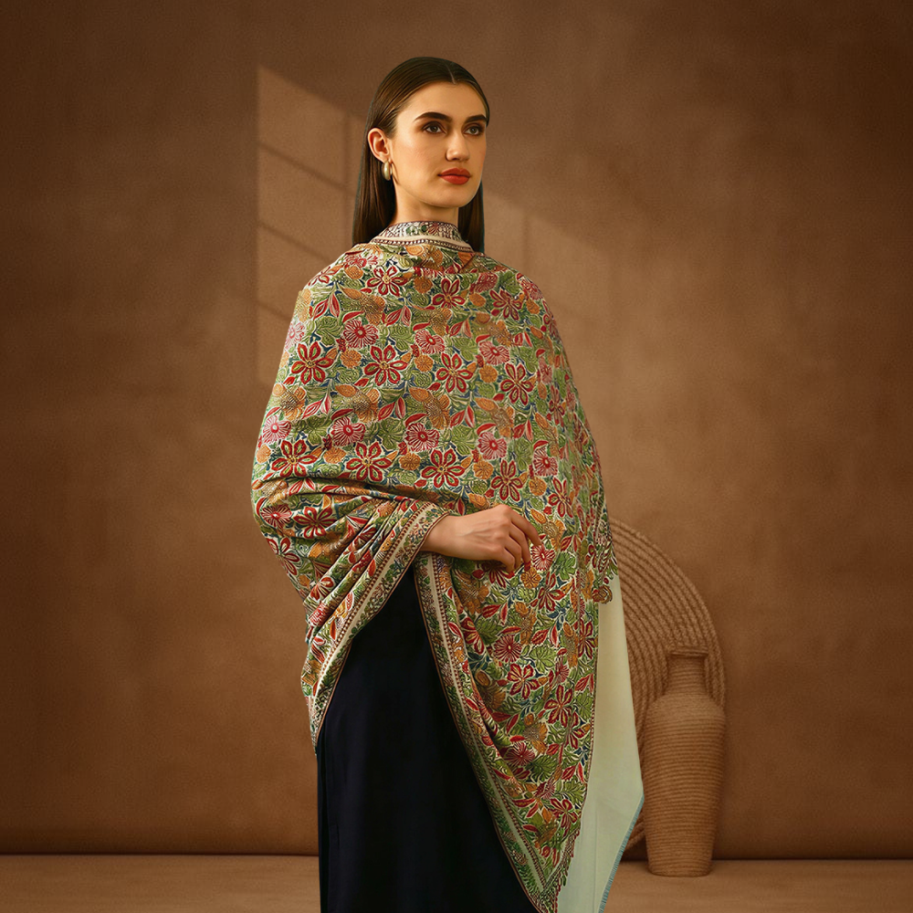 Handmade Pashmina Paper Mache Sozni Jama Shawl - Mughal Garden