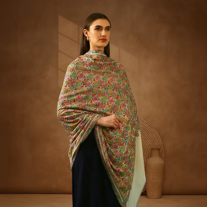 Handmade Pashmina Paper Mache Sozni Jama Shawl - Mughal Garden