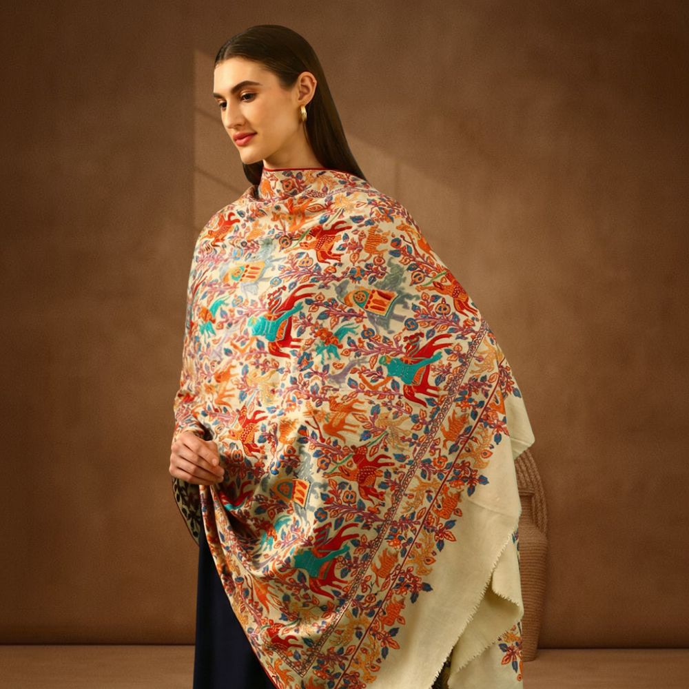 Handmade Pashmina Paper Mache Sozni Jama Shawl - Shikargah