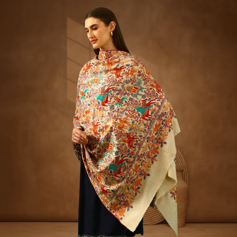 Handmade Pashmina Paper Mache Sozni Jama Shawl - Shikargah