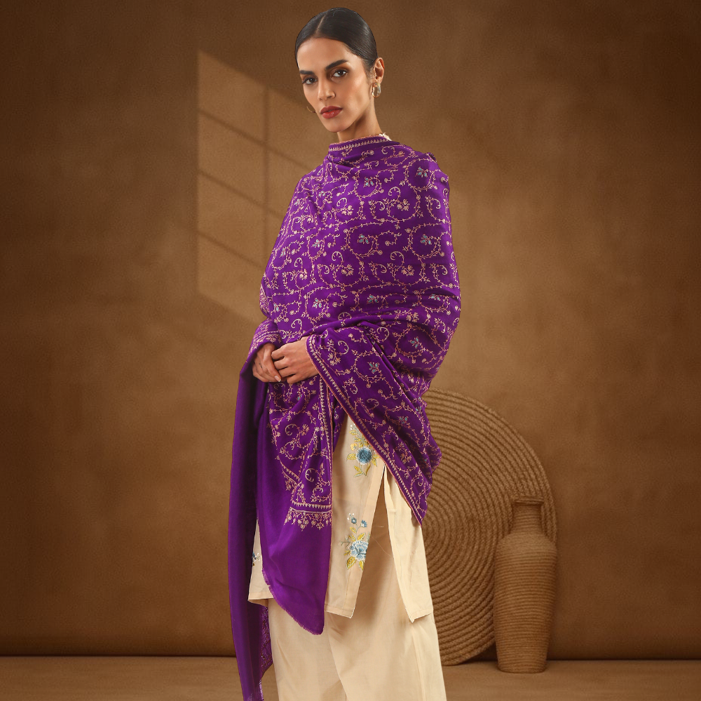 Pashmina Sozni Jali Shawl - Grape