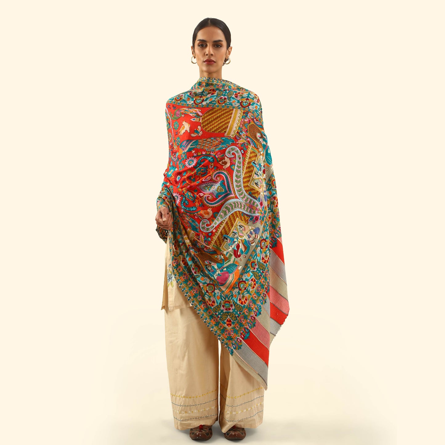Cashmere Wool Kalamkari Intricate Embroidery Shawl - Tropic Court