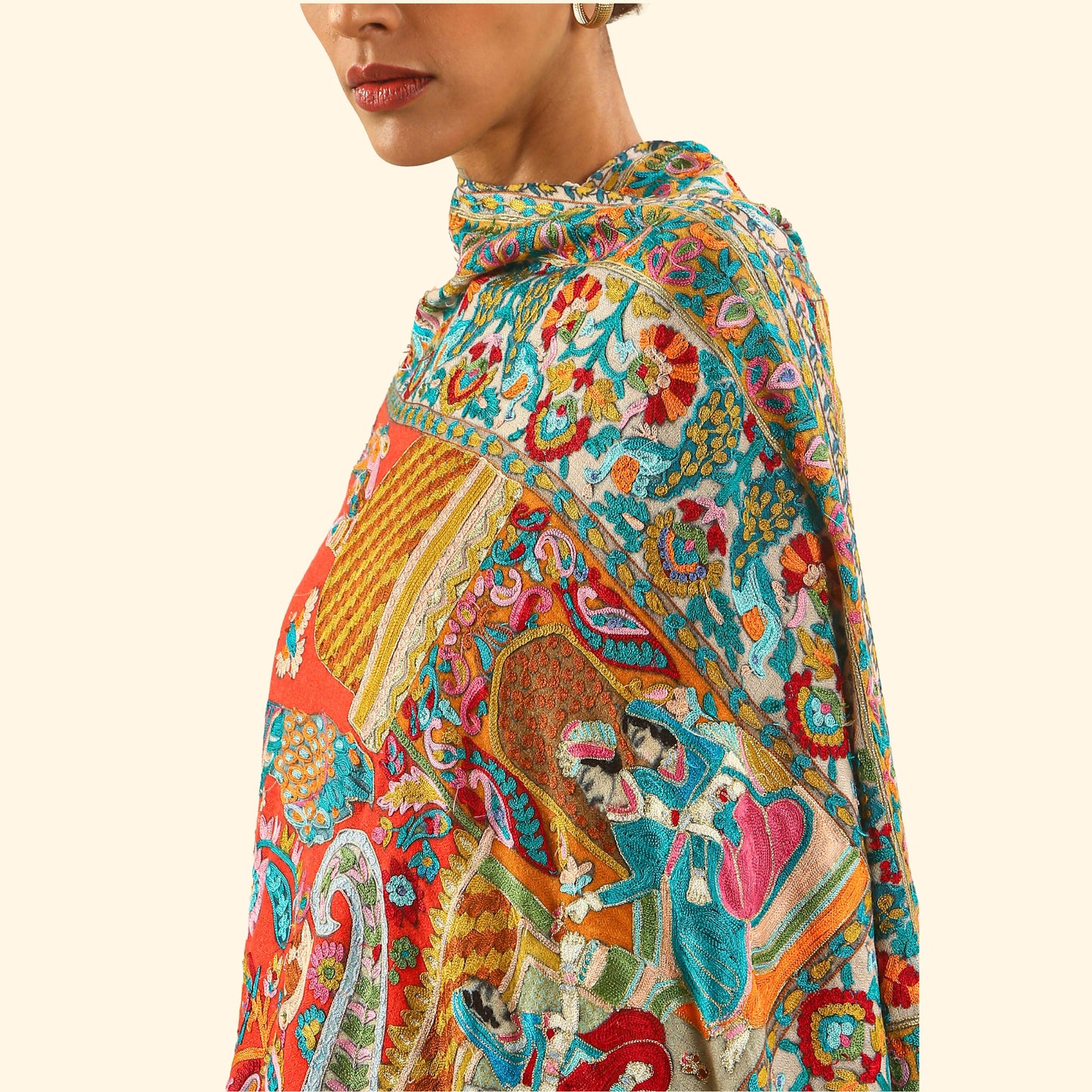 Cashmere Wool Kalamkari Intricate Embroidery Shawl - Tropic Court