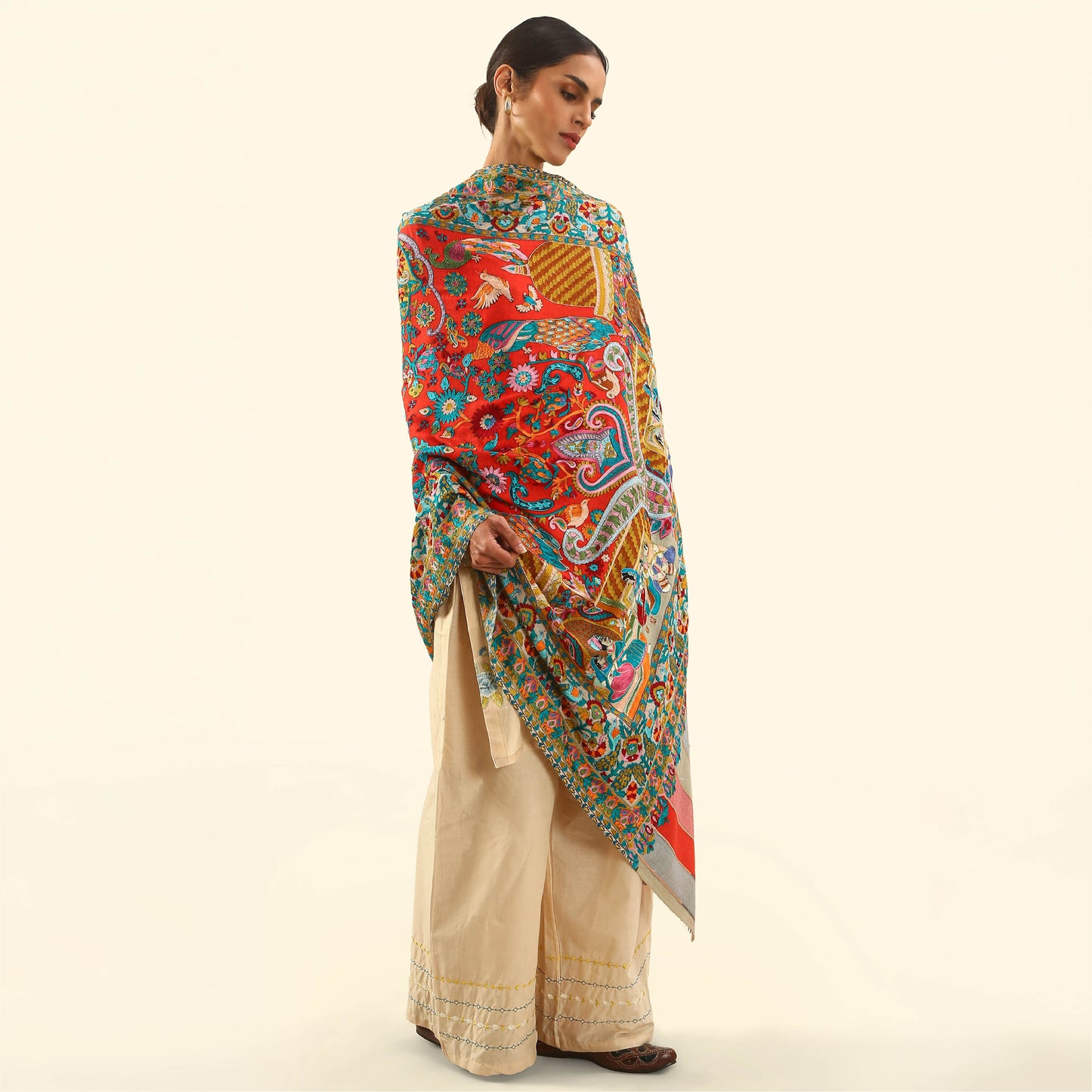 Cashmere Wool Kalamkari Intricate Embroidery Shawl - Tropic Court