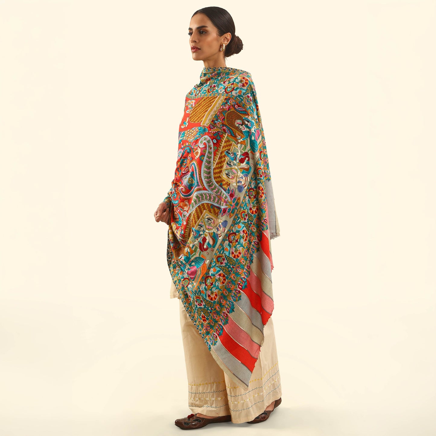 Cashmere Wool Kalamkari Intricate Embroidery Shawl - Tropic Court