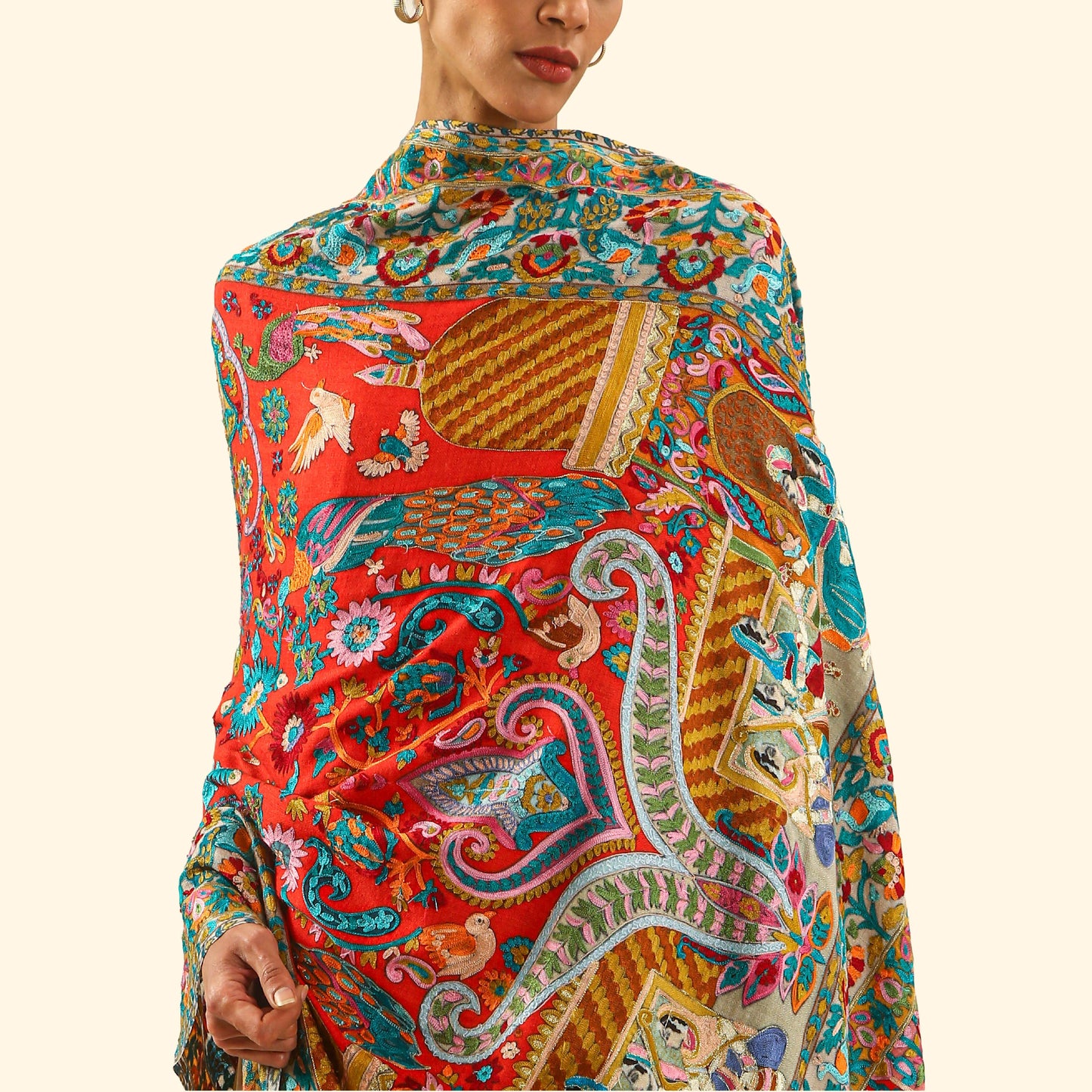 Cashmere Wool Kalamkari Intricate Embroidery Shawl - Tropic Court