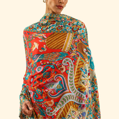 Cashmere Wool Kalamkari Intricate Embroidery Shawl - Tropic Court