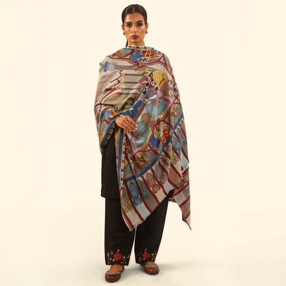 Cashmere Wool Kalamkari Intricate Embroidery Shawl - Seated Sovereign