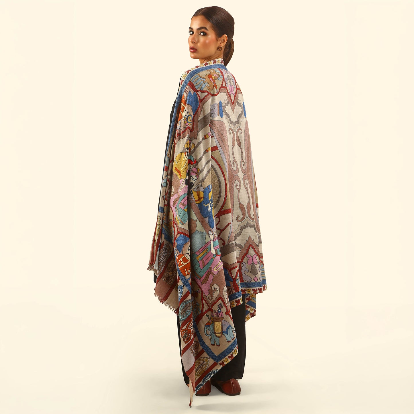 Cashmere Wool Kalamkari Intricate Embroidery Shawl - Seated Sovereign