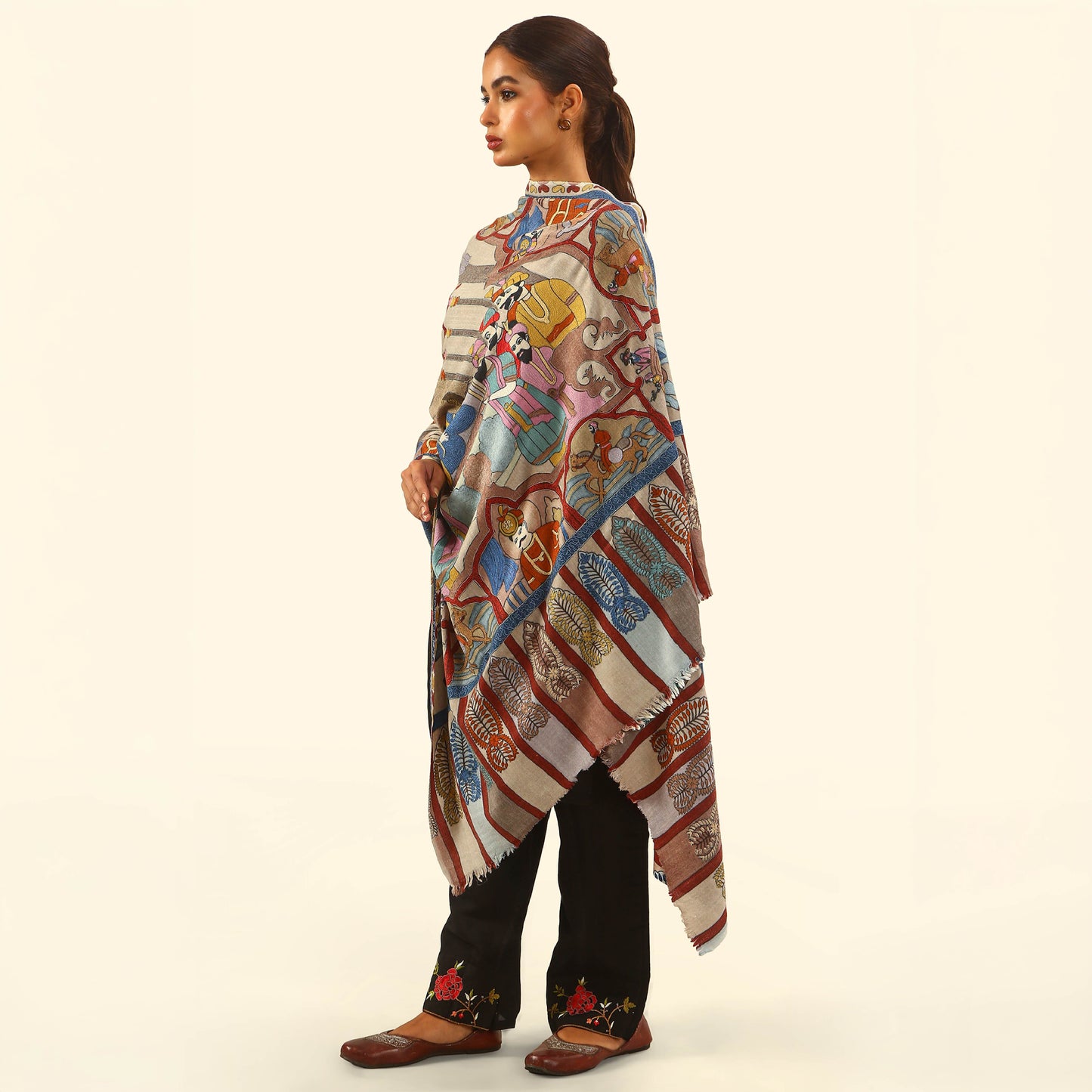 Cashmere Wool Kalamkari Intricate Embroidery Shawl - Seated Sovereign