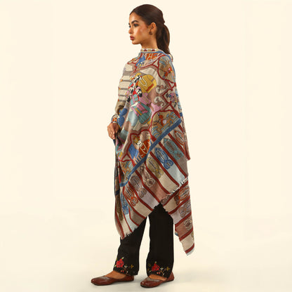 Cashmere Wool Kalamkari Intricate Embroidery Shawl - Seated Sovereign