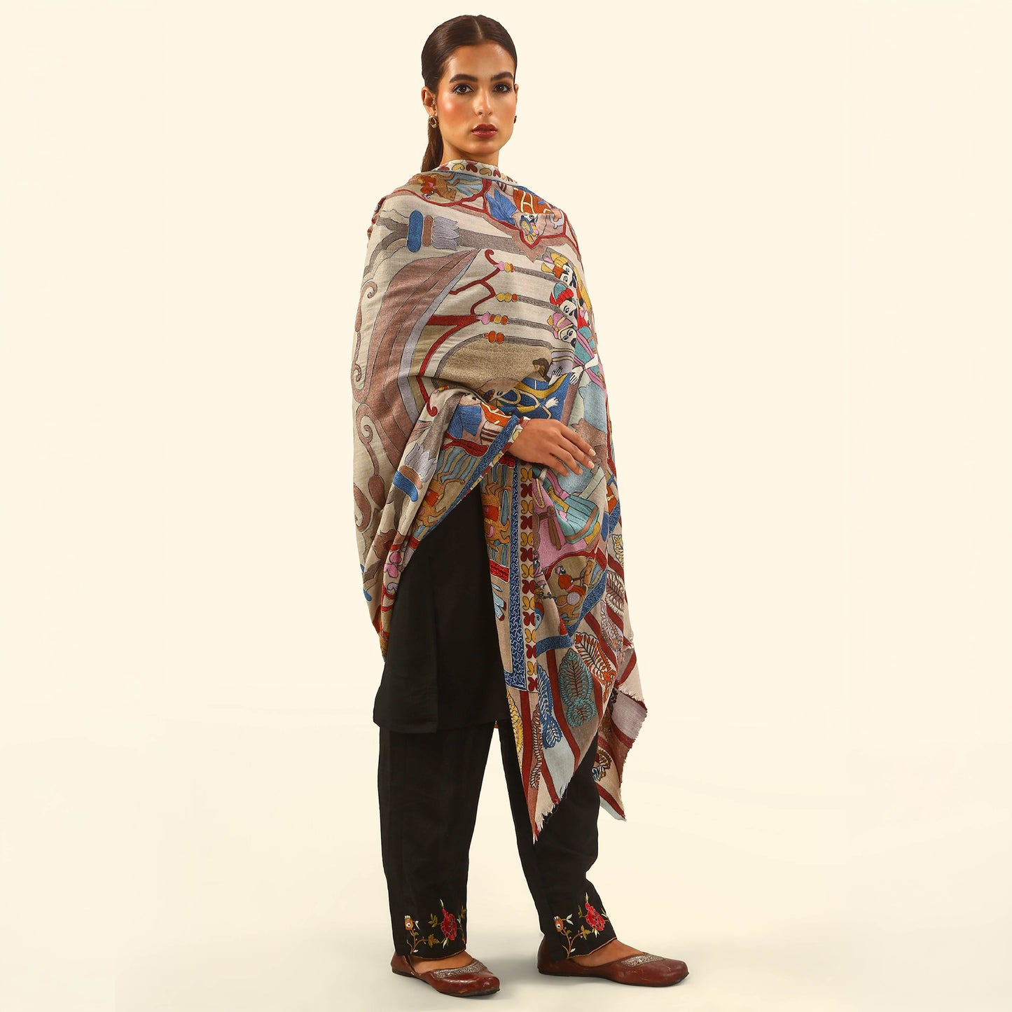 Cashmere Wool Kalamkari Intricate Embroidery Shawl - Seated Sovereign