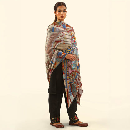 Cashmere Wool Kalamkari Intricate Embroidery Shawl - Seated Sovereign