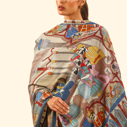Cashmere Wool Kalamkari Intricate Embroidery Shawl - Seated Sovereign
