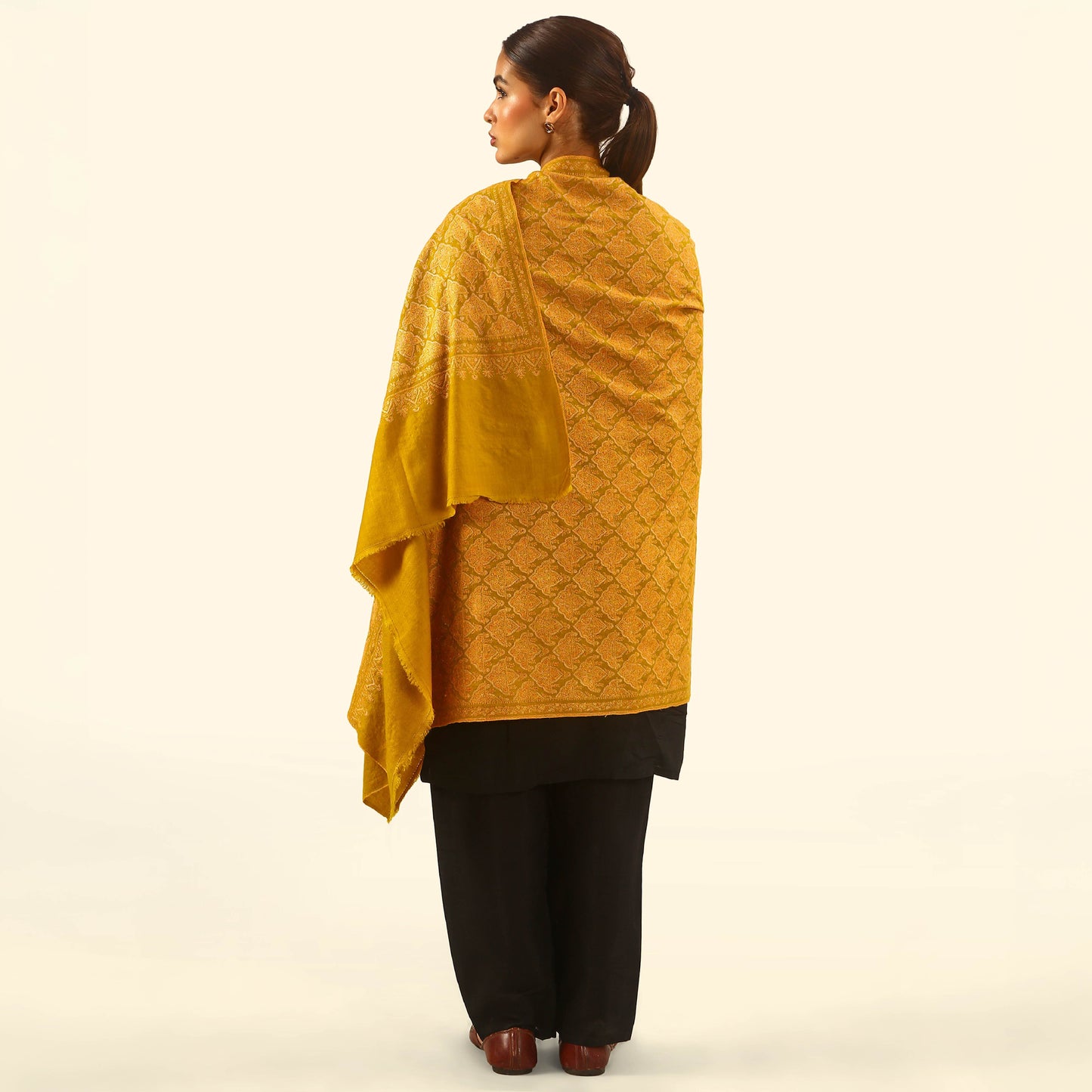 Pashmina Silk Sozni Jama Shawl - Mustard