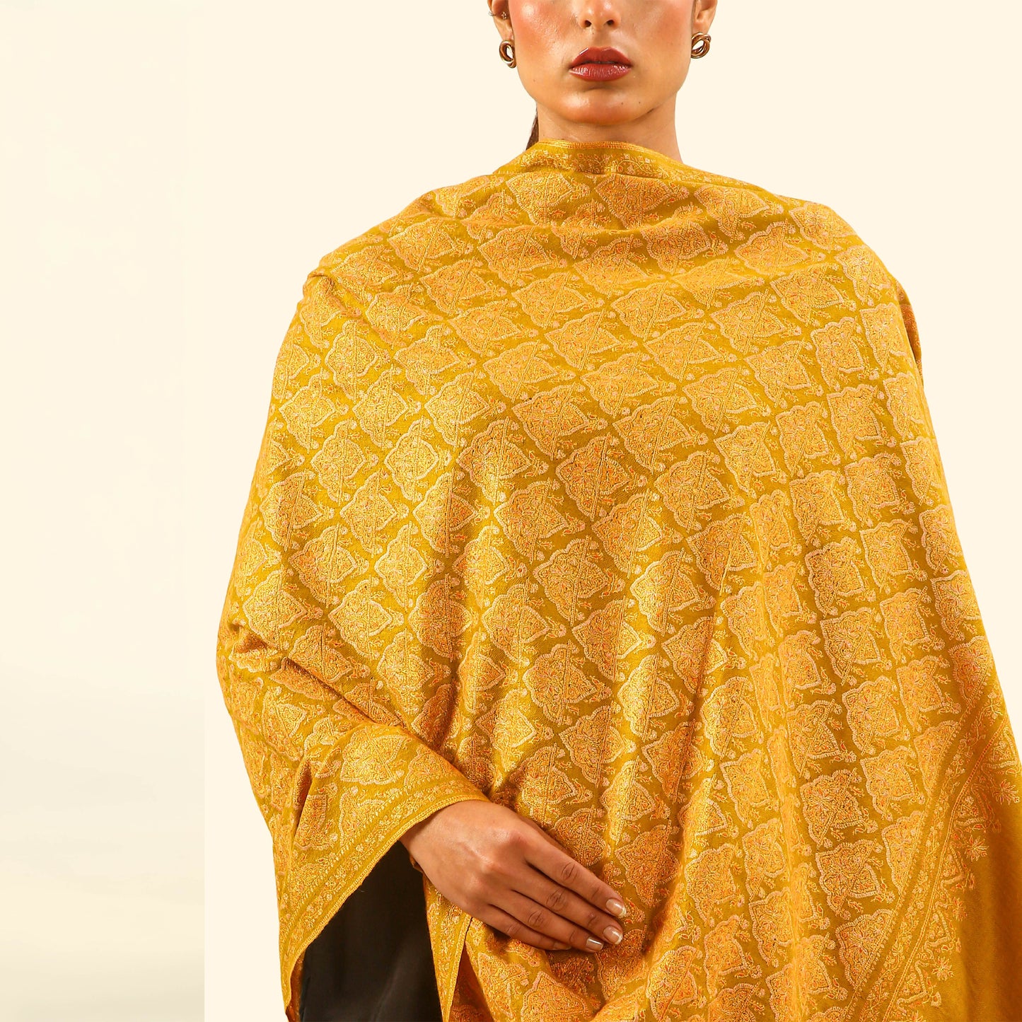 Pashmina Silk Sozni Jama Shawl - Mustard
