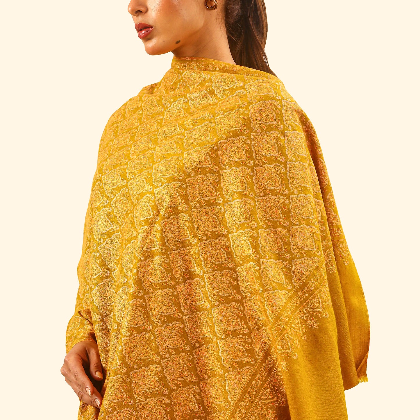 Pashmina Silk Sozni Jama Shawl - Mustard