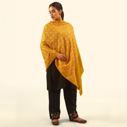 Pashmina Silk Sozni Jama Shawl - Mustard