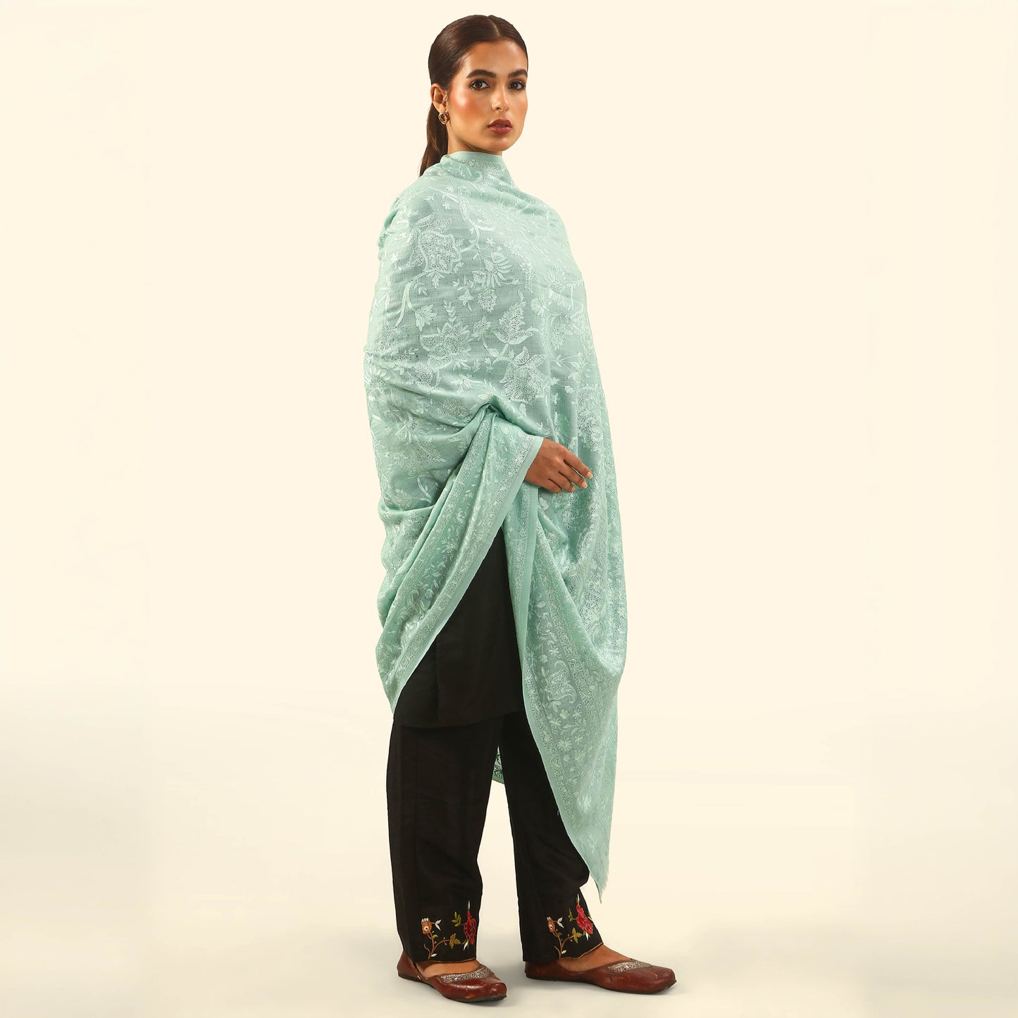 Pashmina Kalamkari Monochrome Shawl - Sage