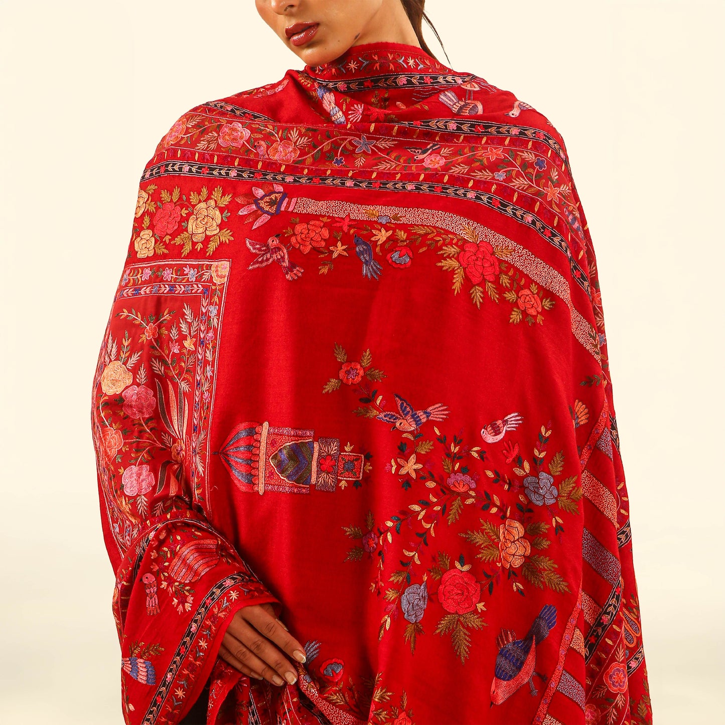 Pashmina Kalamkari Shawl - Crimson Aviary