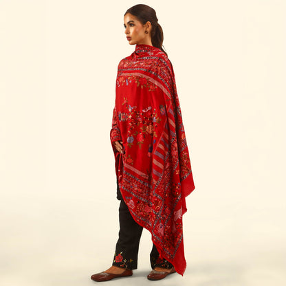 Pashmina Kalamkari Shawl - Crimson Aviary