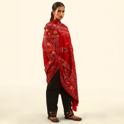 Pashmina Kalamkari Shawl - Crimson Aviary