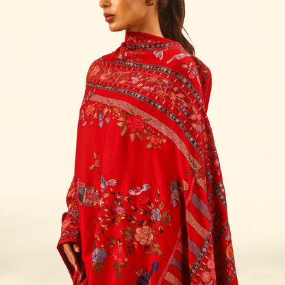 Pashmina Kalamkari Shawl - Crimson Aviary