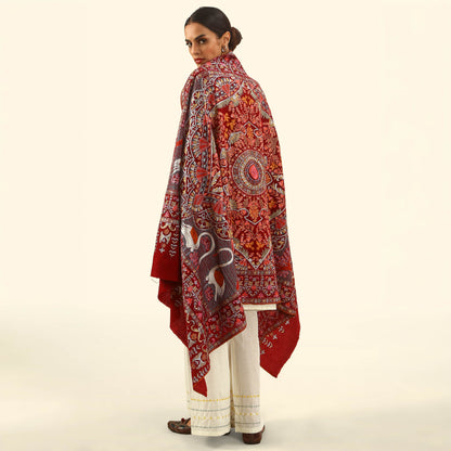 Handmade Kalamkari Shawl - Reddish Maroon