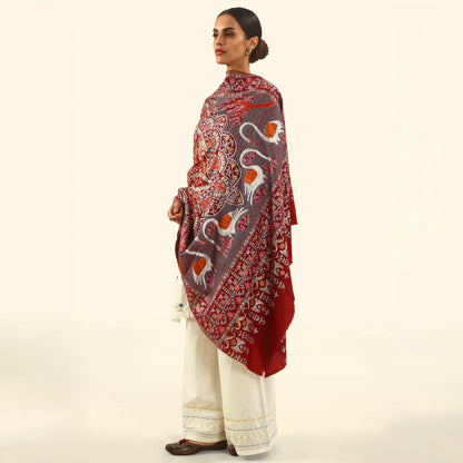Handmade Kalamkari Shawl - Reddish Maroon