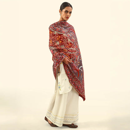 Handmade Kalamkari Shawl - Reddish Maroon