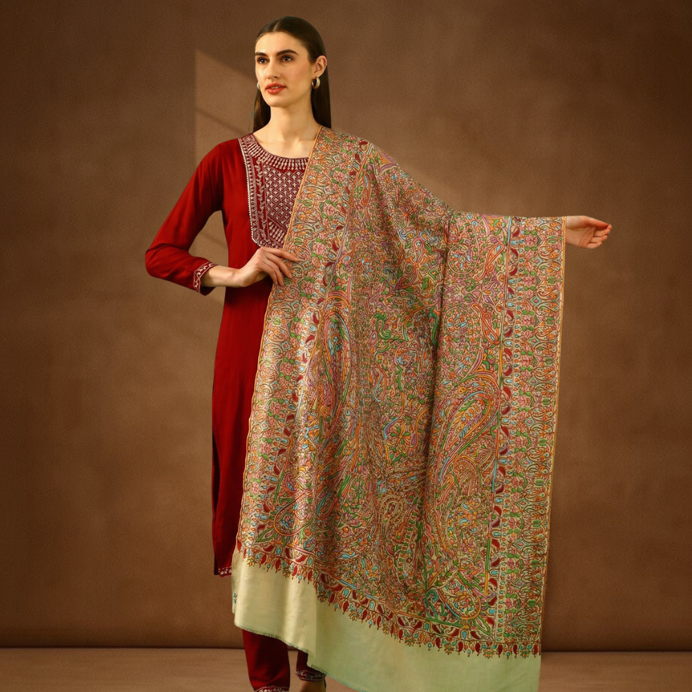 Paisley Design Paper Mache Sozni Jamawar Pashmina Shawl