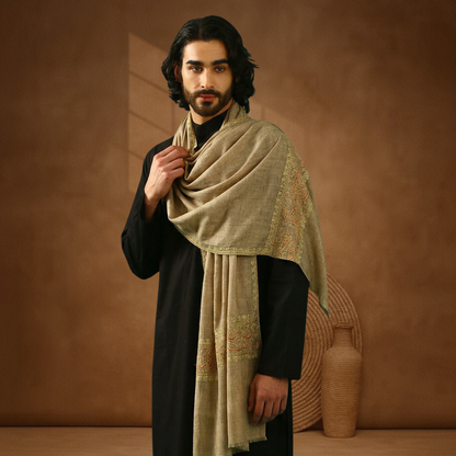 Pashmina Sozni Embroidery Palla Stole - Natural