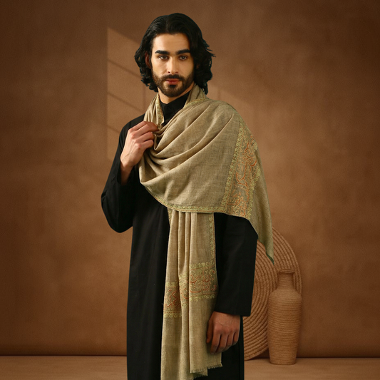 Pashmina Sozni Embroidery Palla Stole - Natural