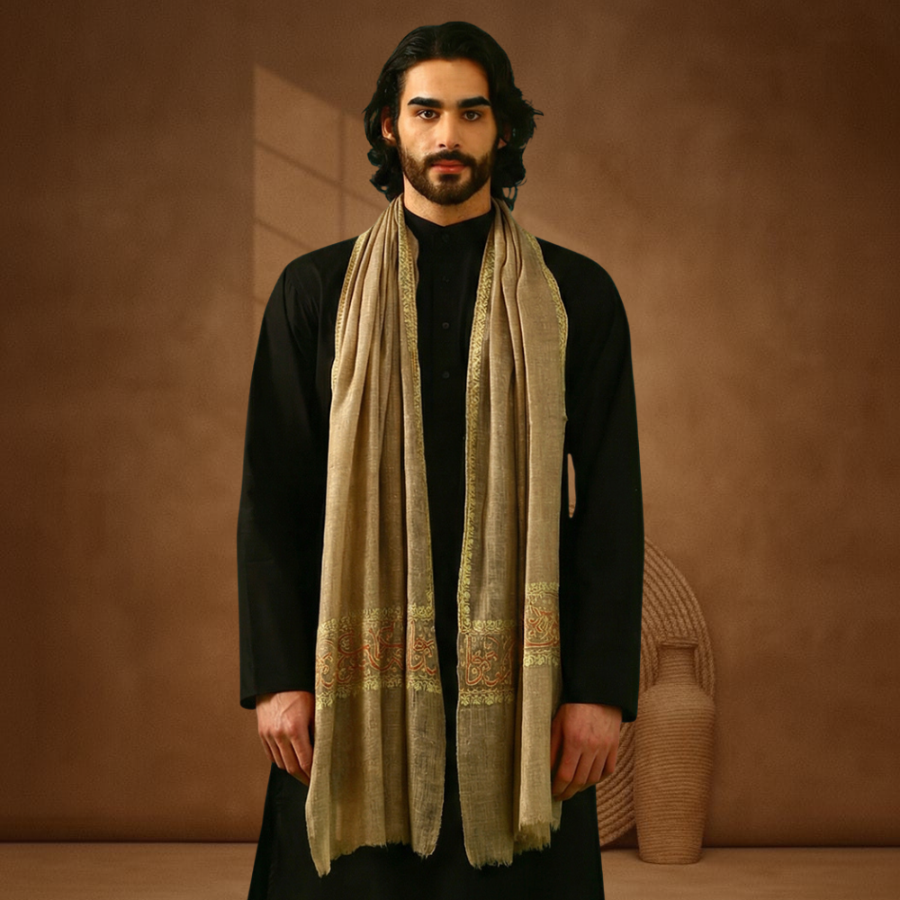 Pashmina Sozni Embroidery Palla Stole - Natural