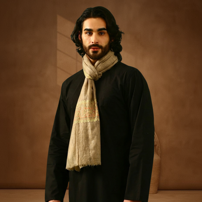 Pashmina Sozni Embroidery Palla Stole - Natural